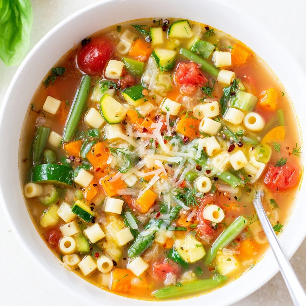 Spring Minestrone Soup Recipe steaming in bowl, vibrant vegetables and herbs