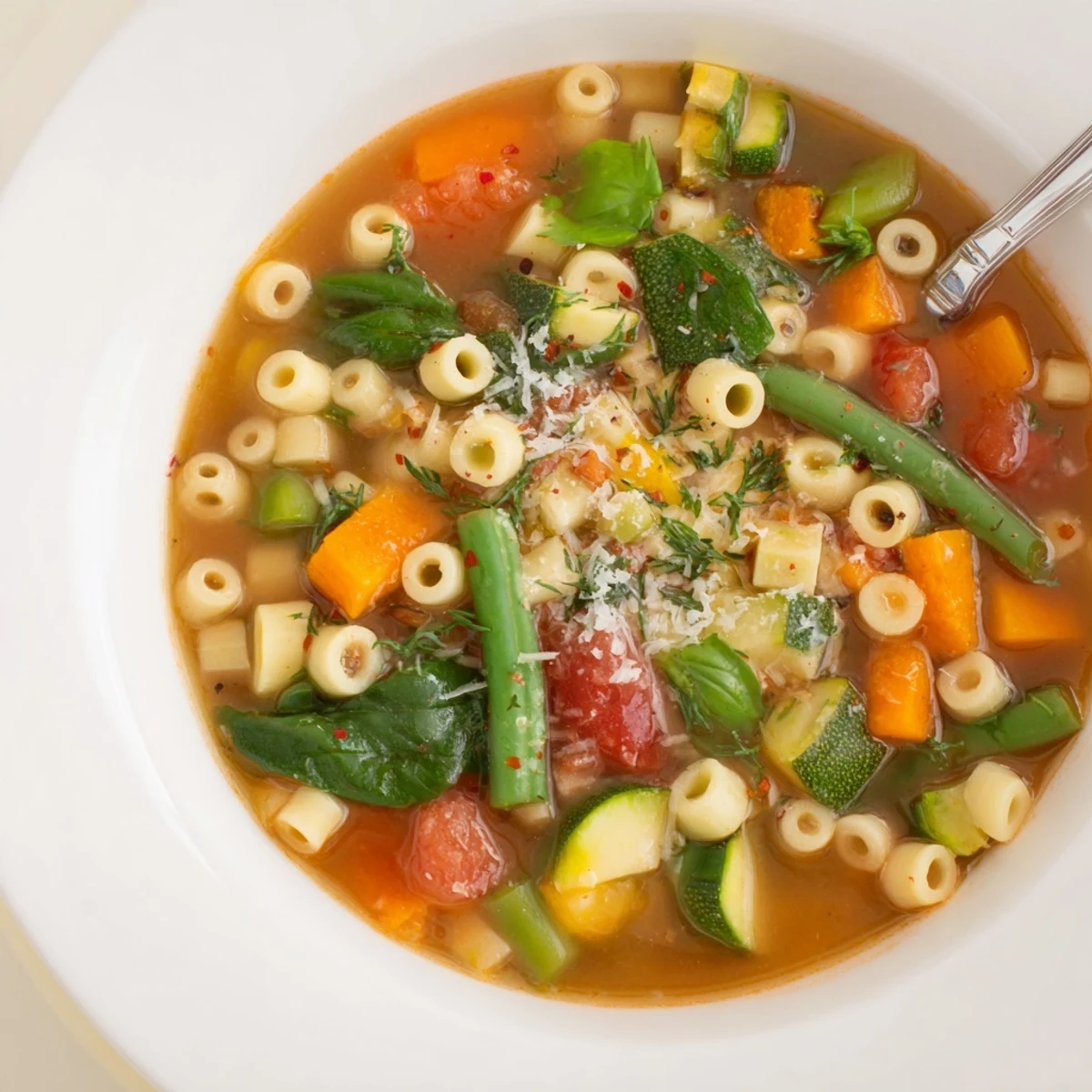 Homestyle Spring Minestrone Soup Recipe ladled with Parmesan, drizzle of olive oil