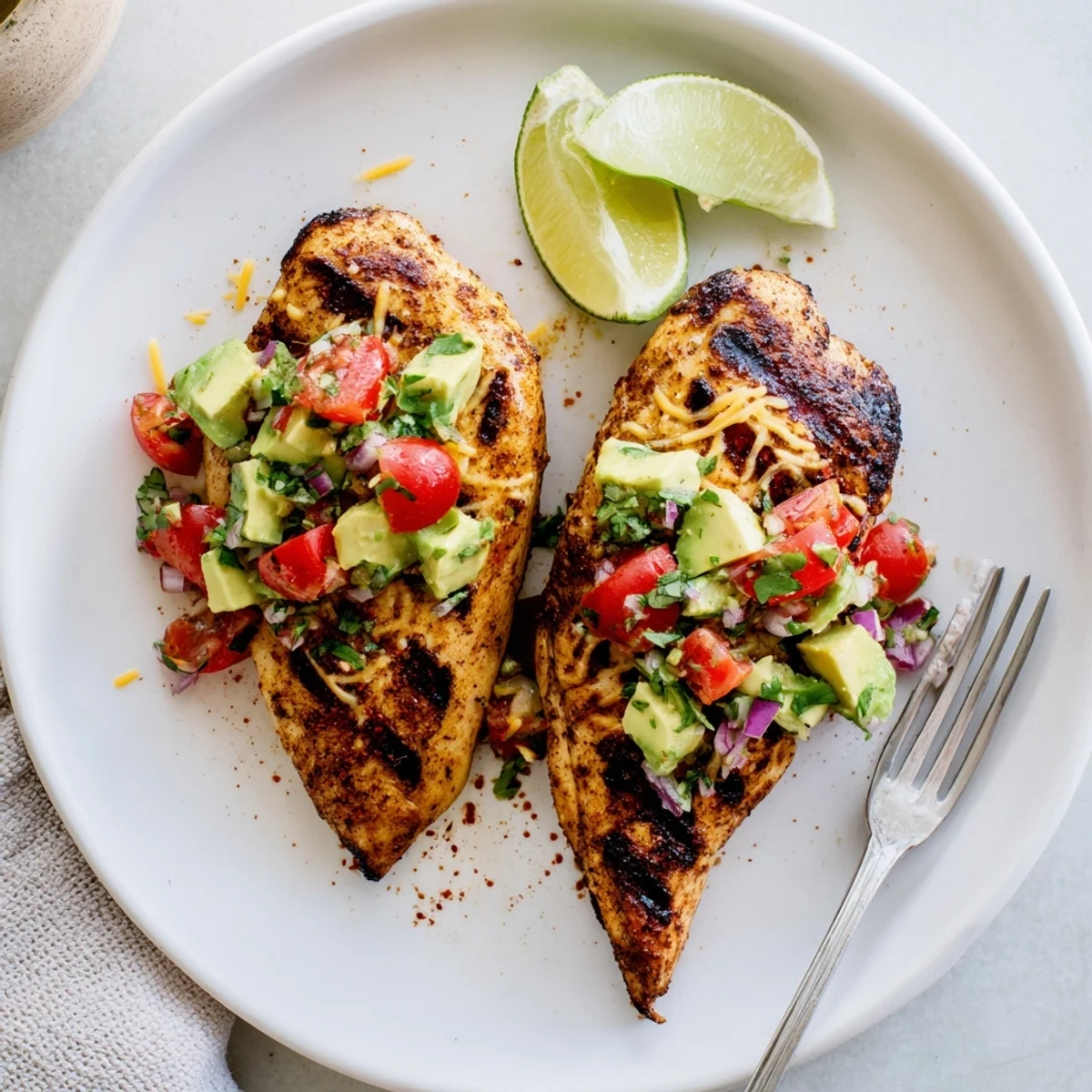 Zesty Fiesta Lime Chicken With Avocado served over Mexican rice, cilantro garnish