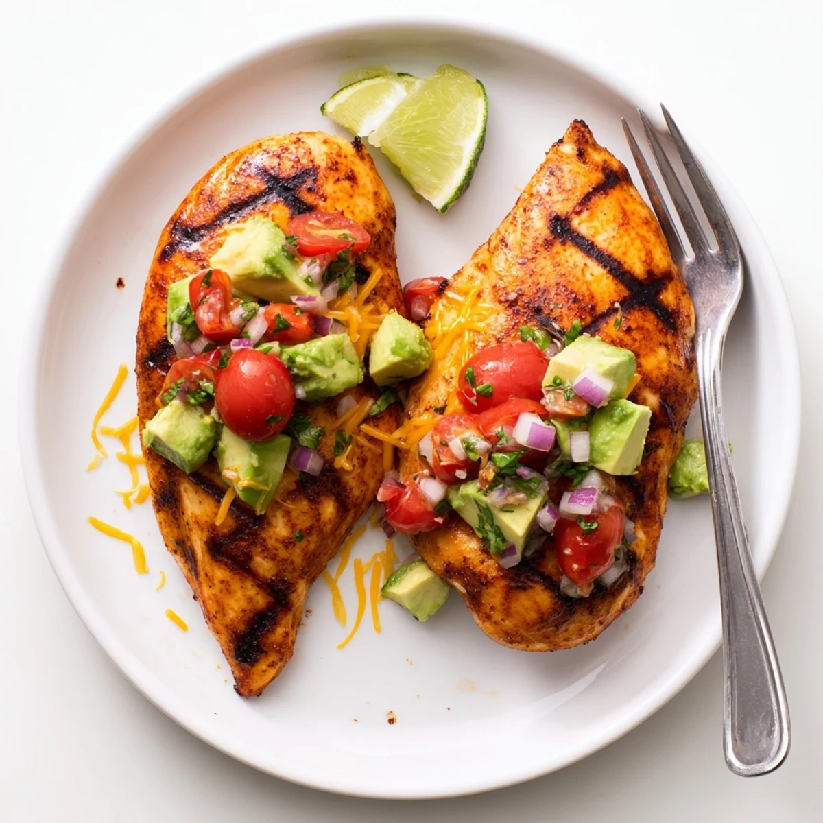 Grilled Fiesta Lime Chicken With Avocado topped with melted cheese and lime