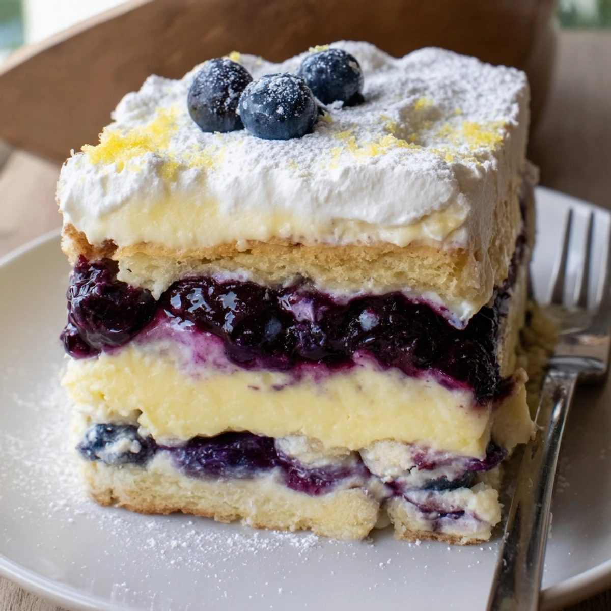 Velvety Lemon Blueberry Lasagna shows glossy blueberry compote and airy whipped cream
