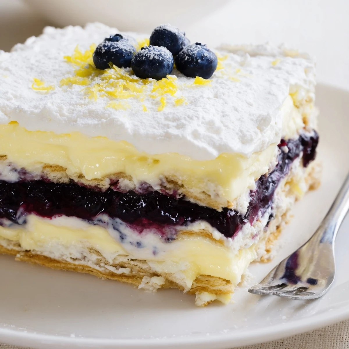 Fork-ready Lemon Blueberry Lasagna with tangy lemon cream, juicy blueberries, buttery crust