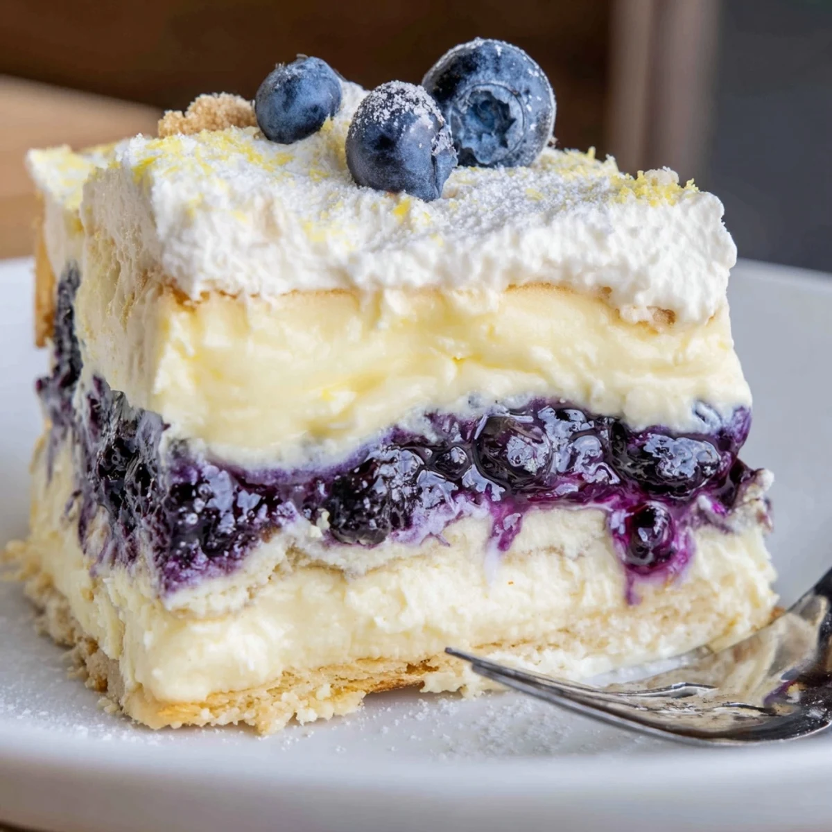 Chilled Lemon Blueberry Lasagna recipe sliced on dish, garnished with fresh zest