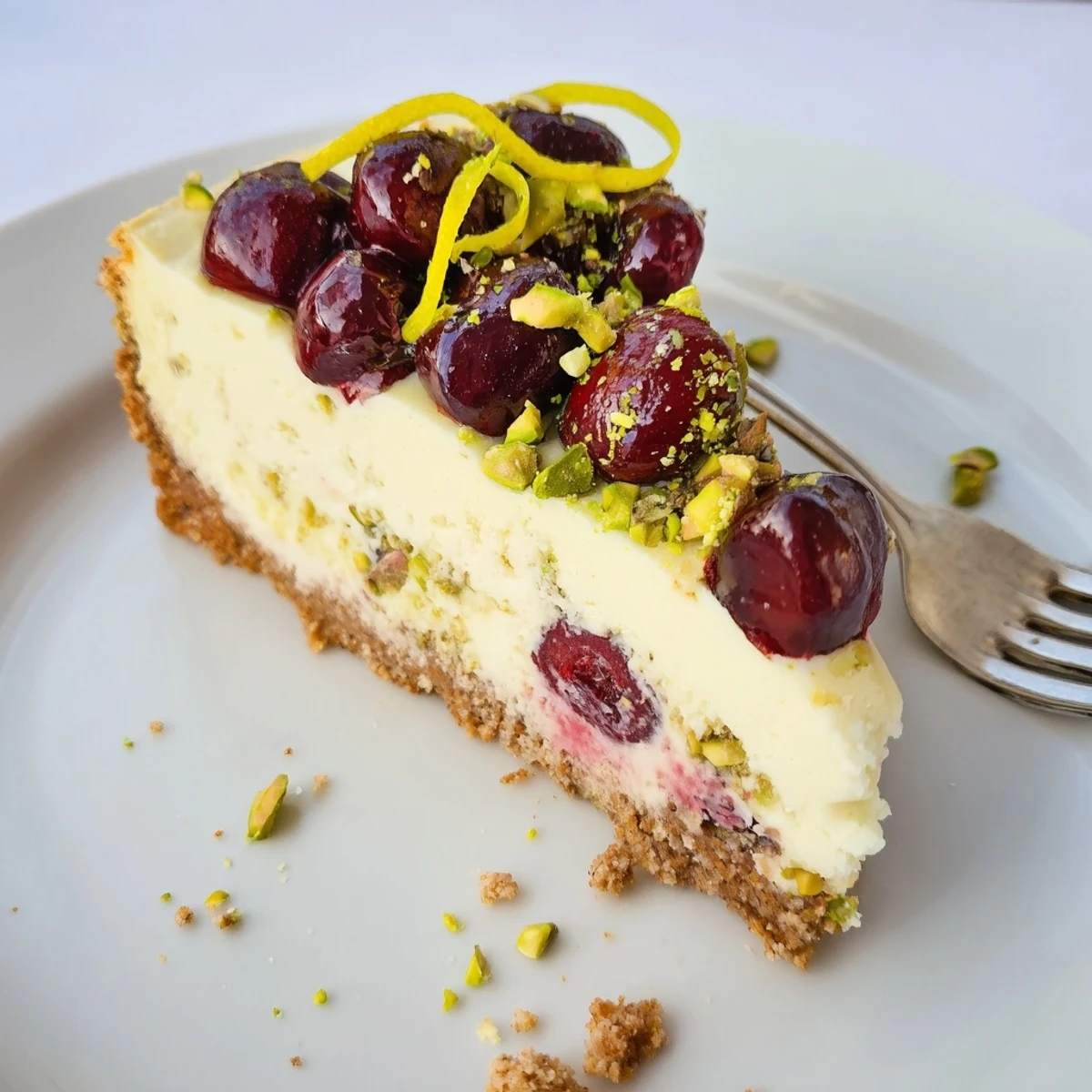 Lemon Lime Cherry Pistachio Cheesecake slice with glossy cherry topping and crunch of pistachios