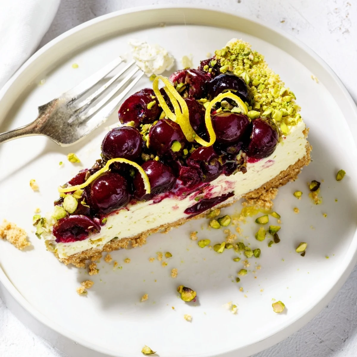 Velvety Lemon Lime Cherry Pistachio Cheesecake chilled overnight, chopped pistachios sprinkled on top