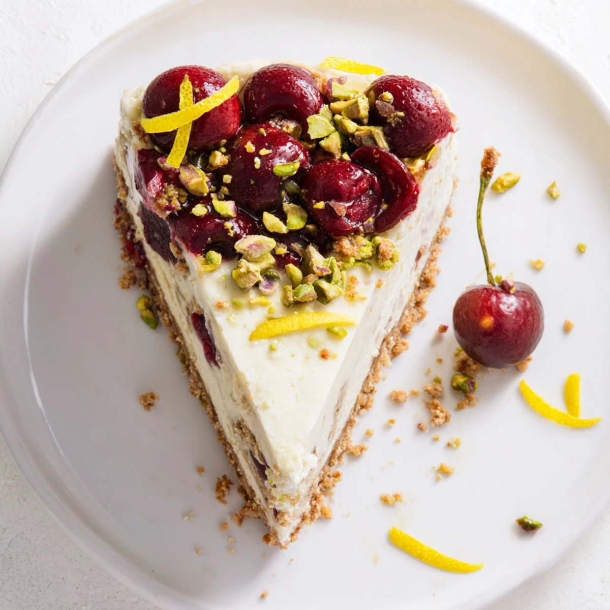 Bright Lemon Lime Cherry Pistachio Cheesecake on rustic board, served with lemon wedge