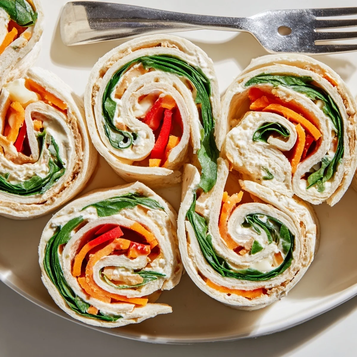 Platter of Pinwheel Sandwiches with colorful veggies and creamy cheese swirls.