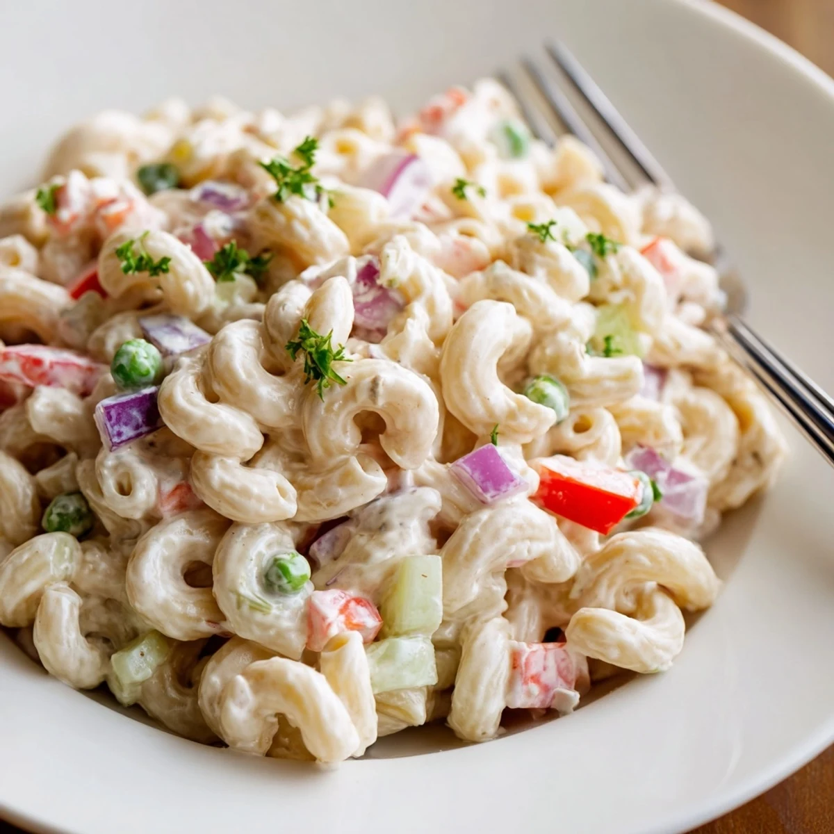 Classic Macaroni Salad tossed in tangy mayo-Dijon dressing, perfect potluck side