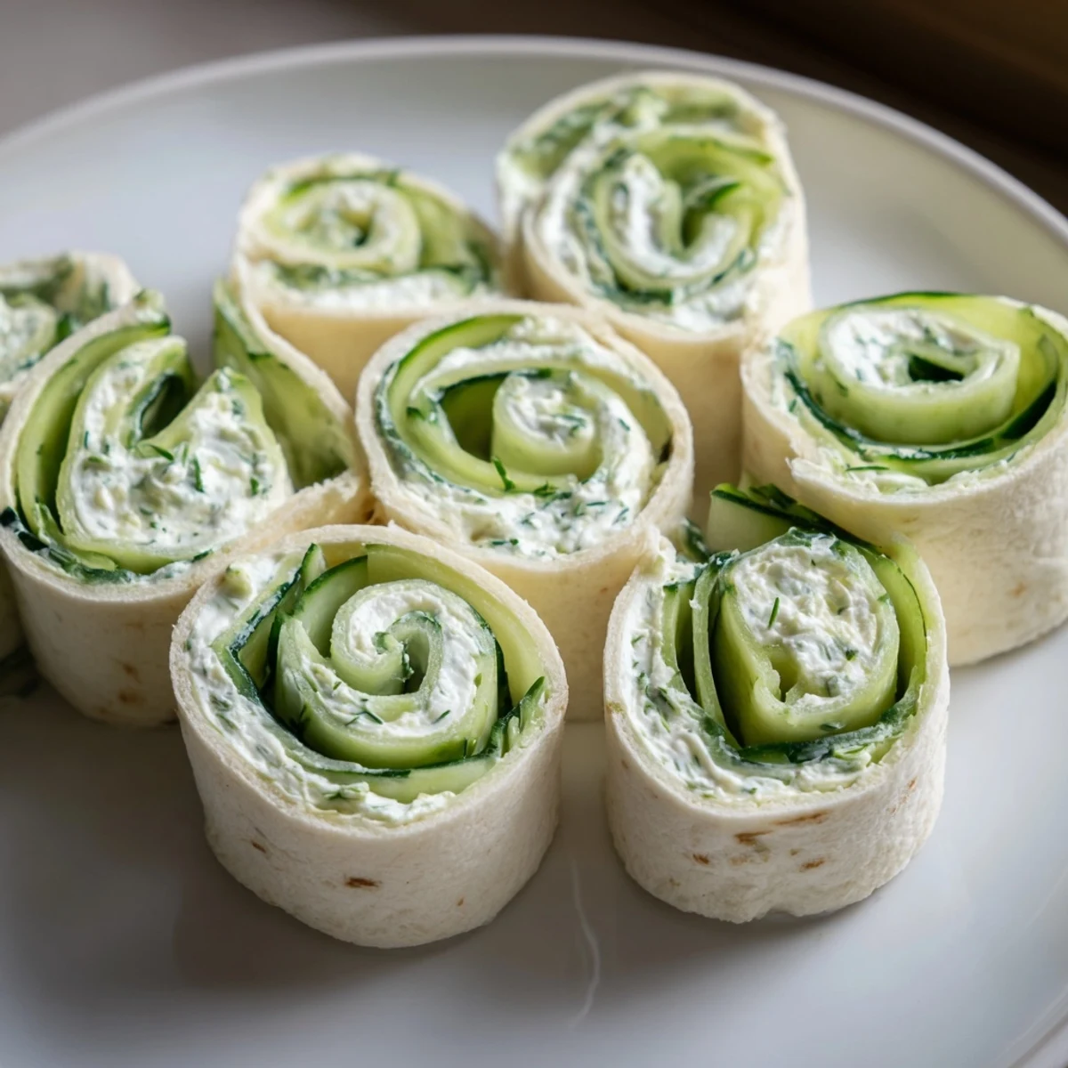 Cucumber And Dill Pinwheels arranged on platter, creamy centers, crisp cucumber slices.