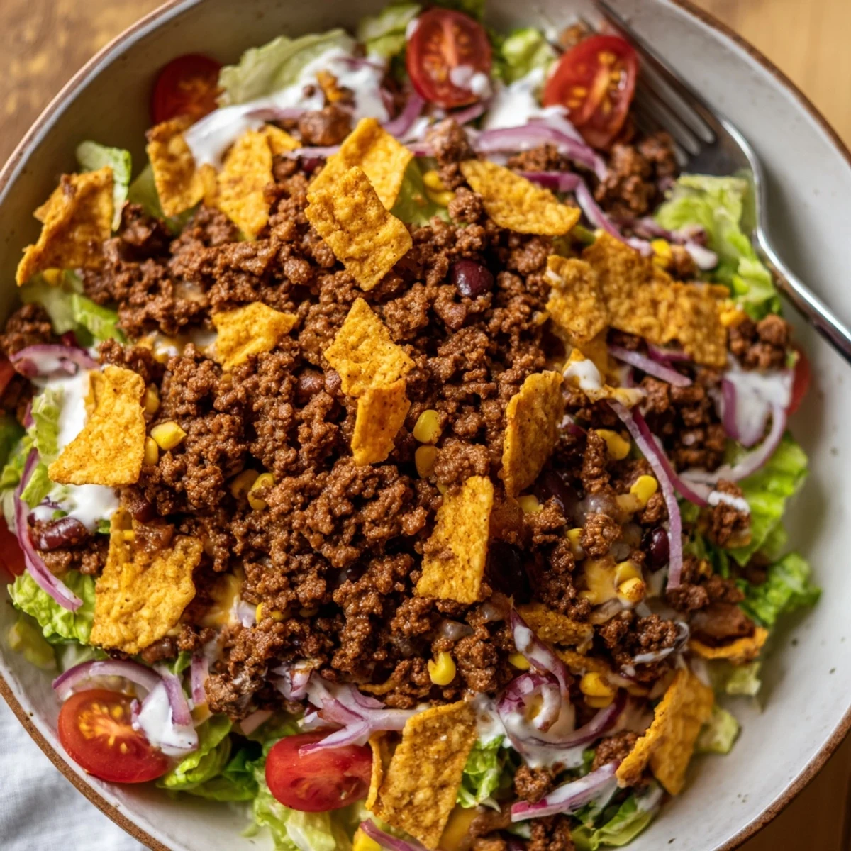 Simple Doritos Taco Salad with seasoned beef, crunchy chips, bright tomatoes