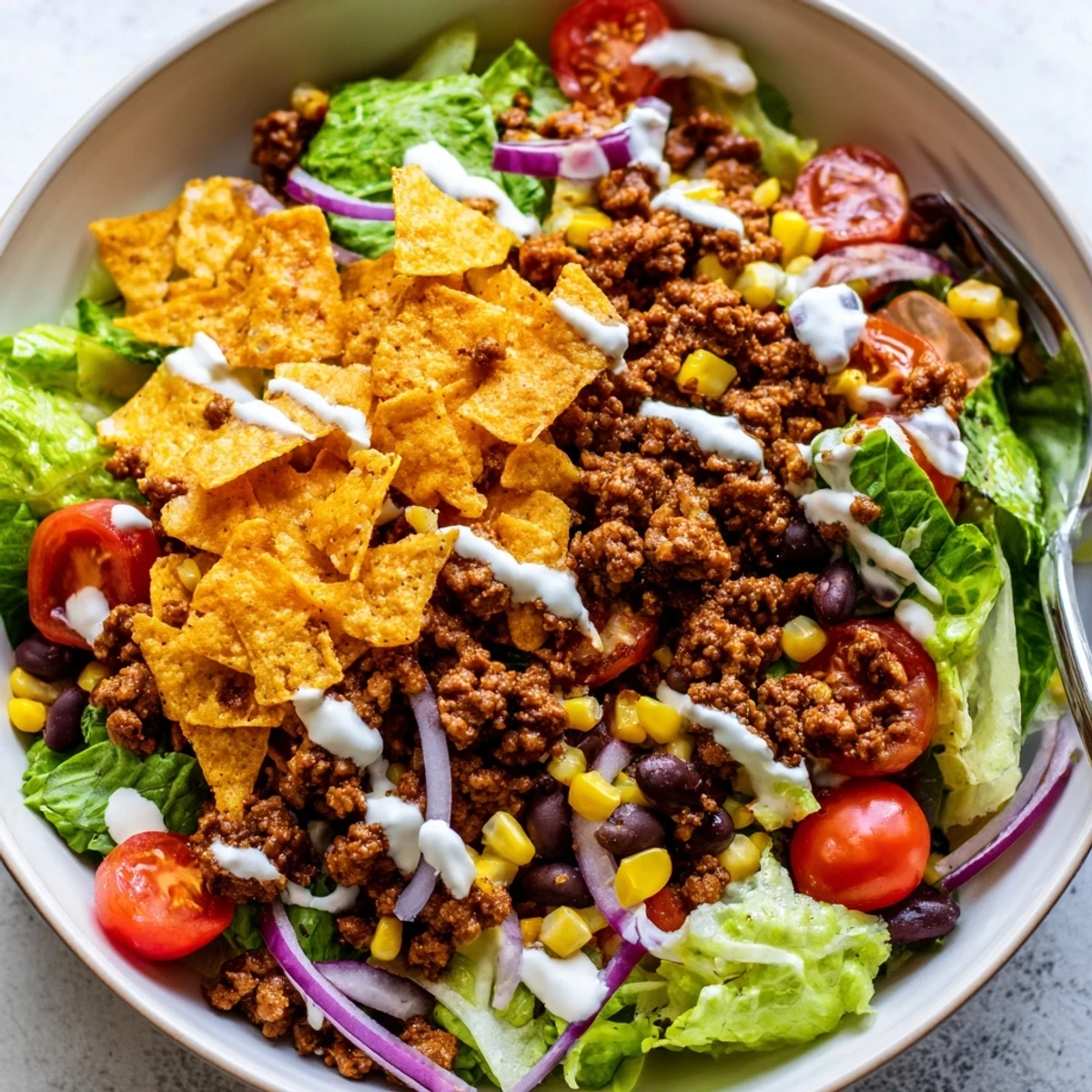 Bowl of Simple Doritos Taco Salad topped with melted cheddar and ranch