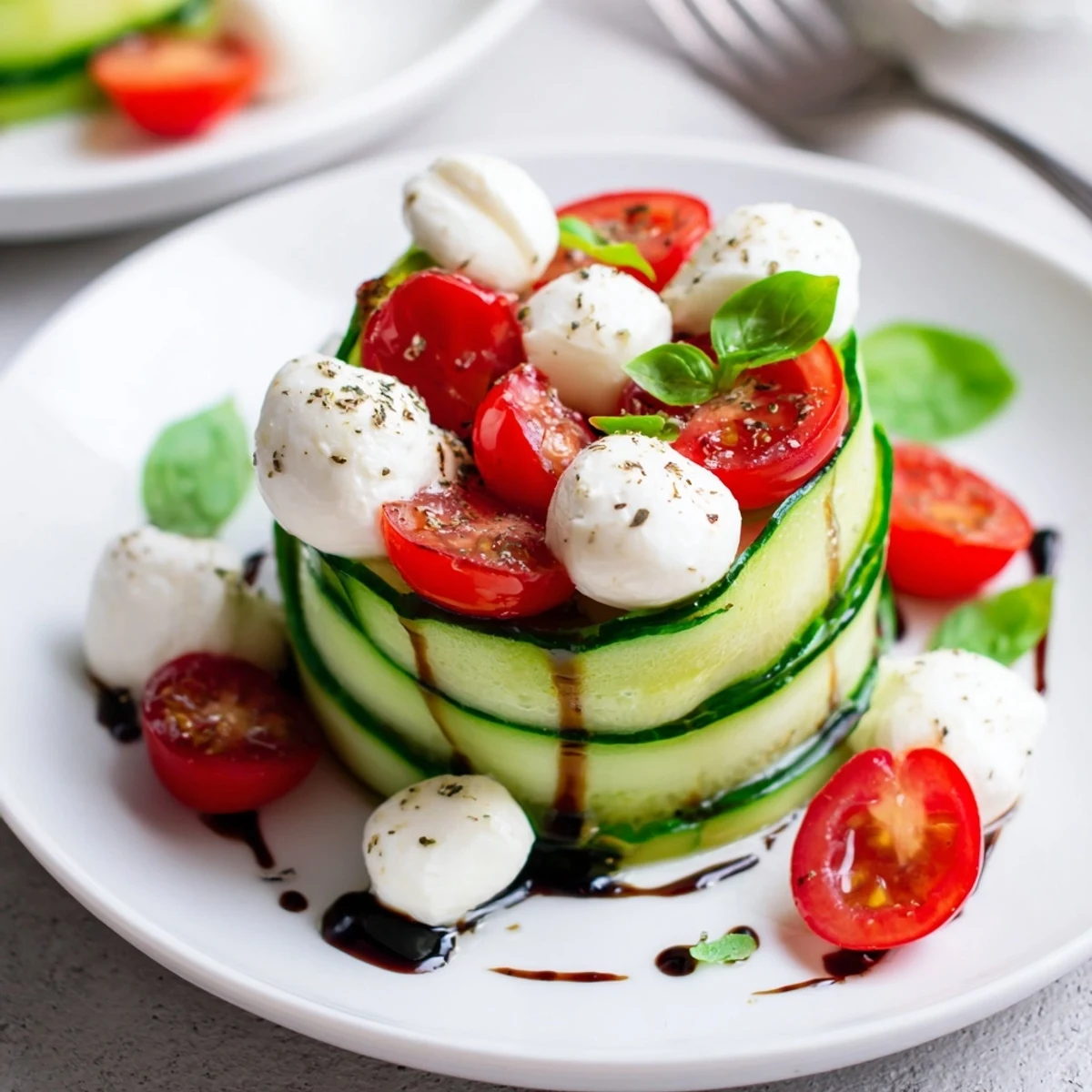 Juicy Cucumber Caprese Salad with glistening tomatoes, creamy mozzarella, basil sprigs.