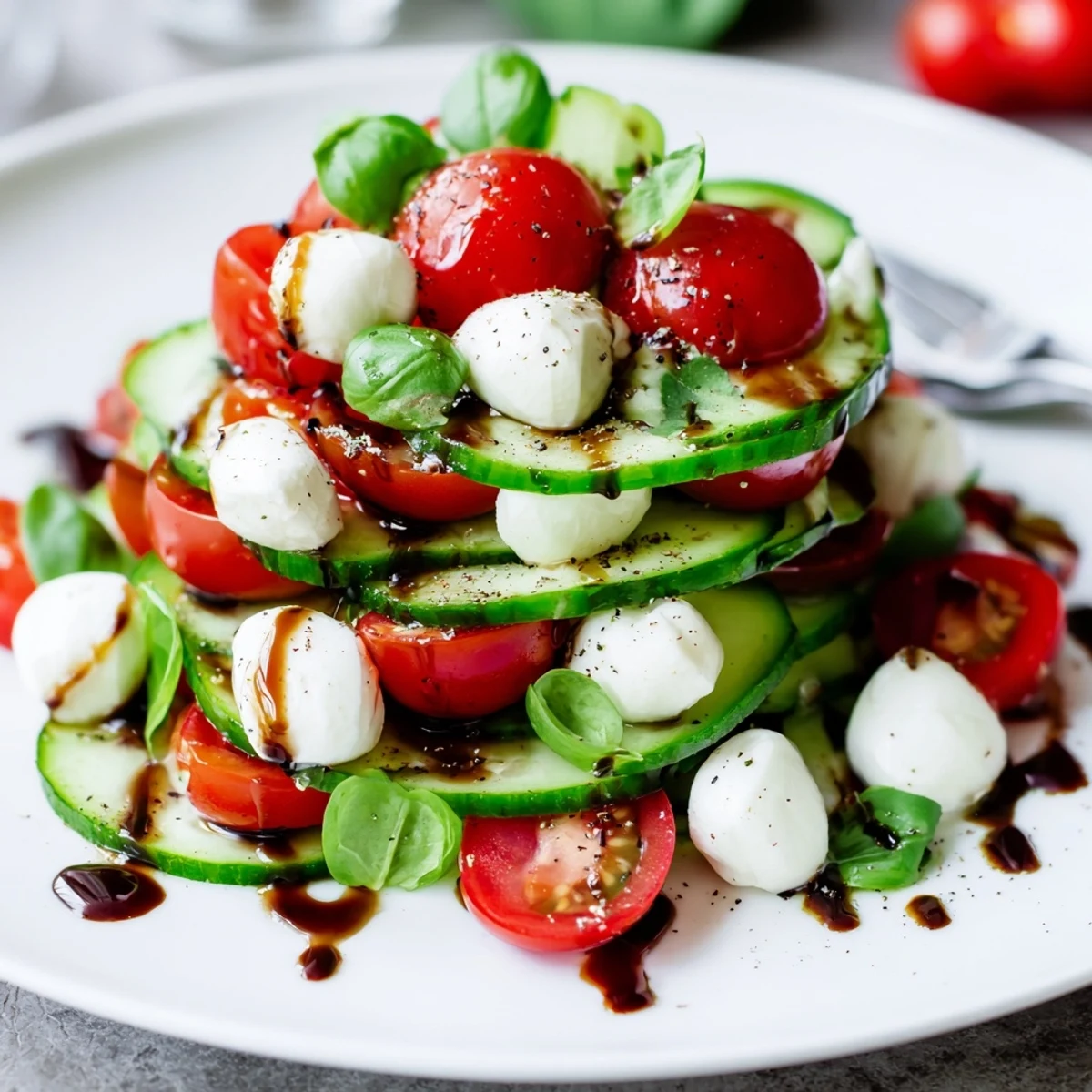 Chilled Juicy Cucumber Caprese Salad drizzled with balsamic glaze, bright summer flavors.
