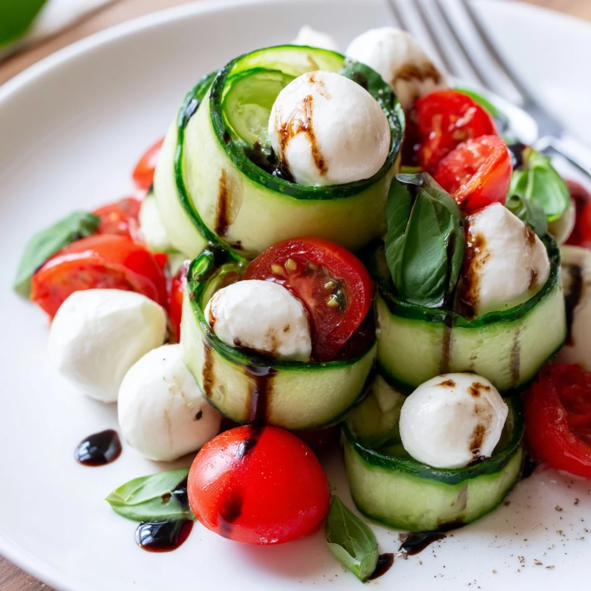 Platter of Juicy Cucumber Caprese Salad paired with crusty bread, refreshing bites.