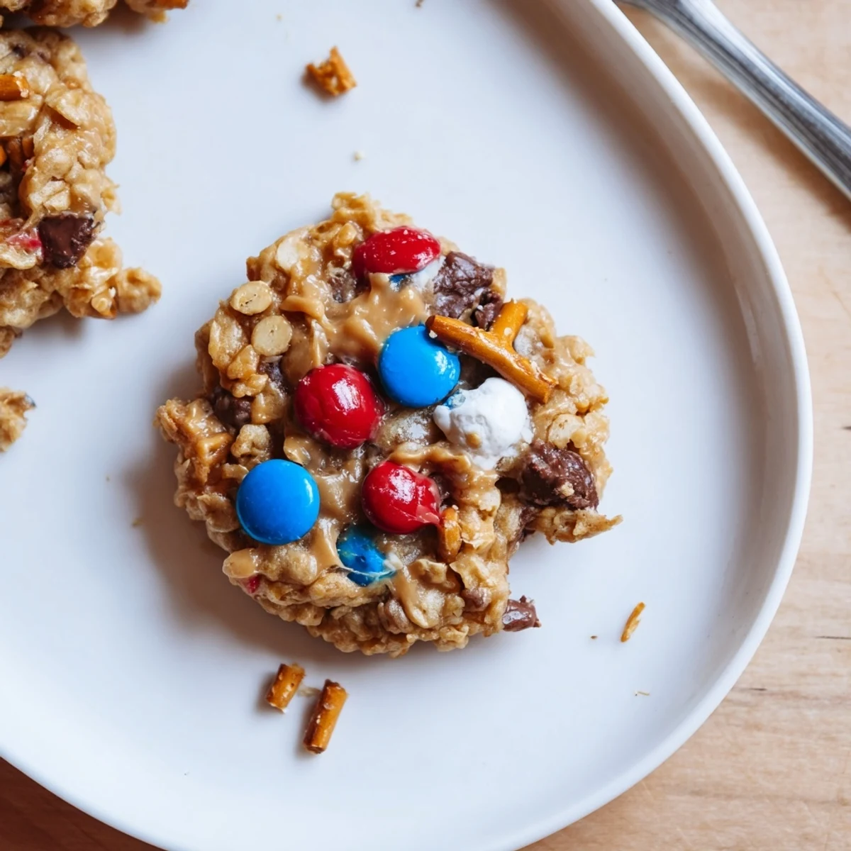 Stacked Patriotic Monster Cookies Recipe for Fourth of July dessert, crunchy edges, gooey centers