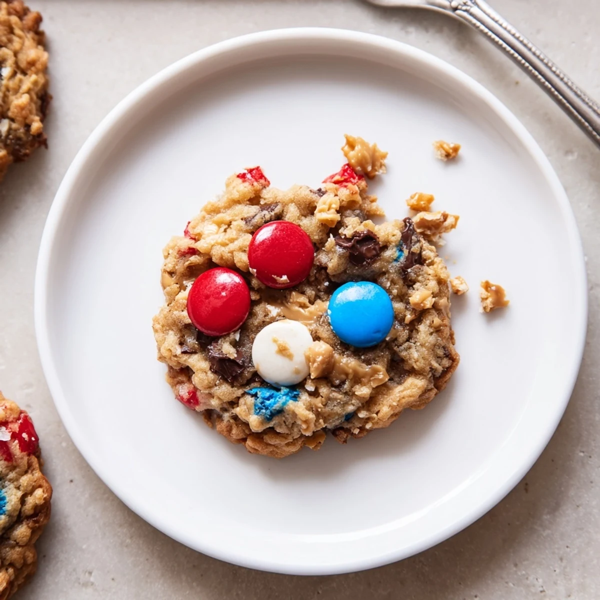 Patriotic Monster Cookies Recipe: chewy, oat-packed cookies studded with red, white, blue candies