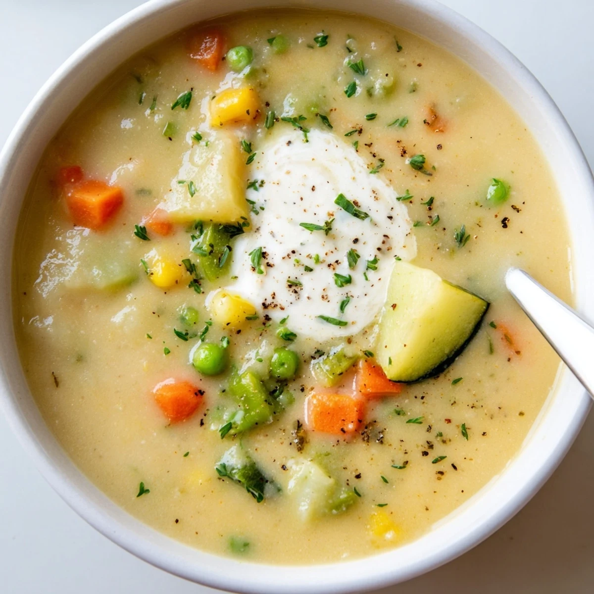 Bowl of Creamy Vegetable Soup Recipe with crusty bread, warm, savory aroma