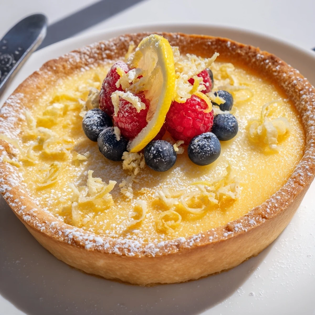 Creamy Lemon Tart Recipe with silky filling and golden buttery crust, powdered sugar