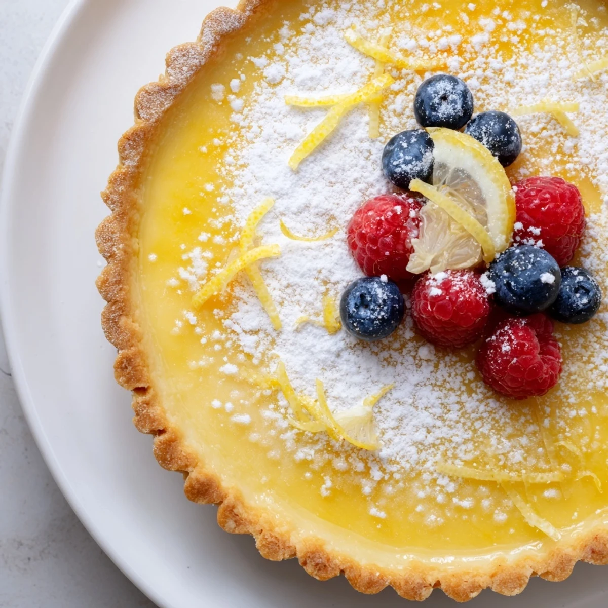 Freshly chilled Creamy Lemon Tart Recipe served with berries and zesty aroma