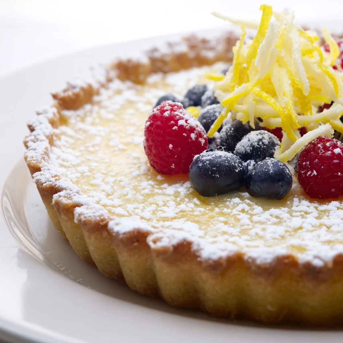Close-up Creamy Lemon Tart Recipe showing smooth custard, crisp edge, lemon zest