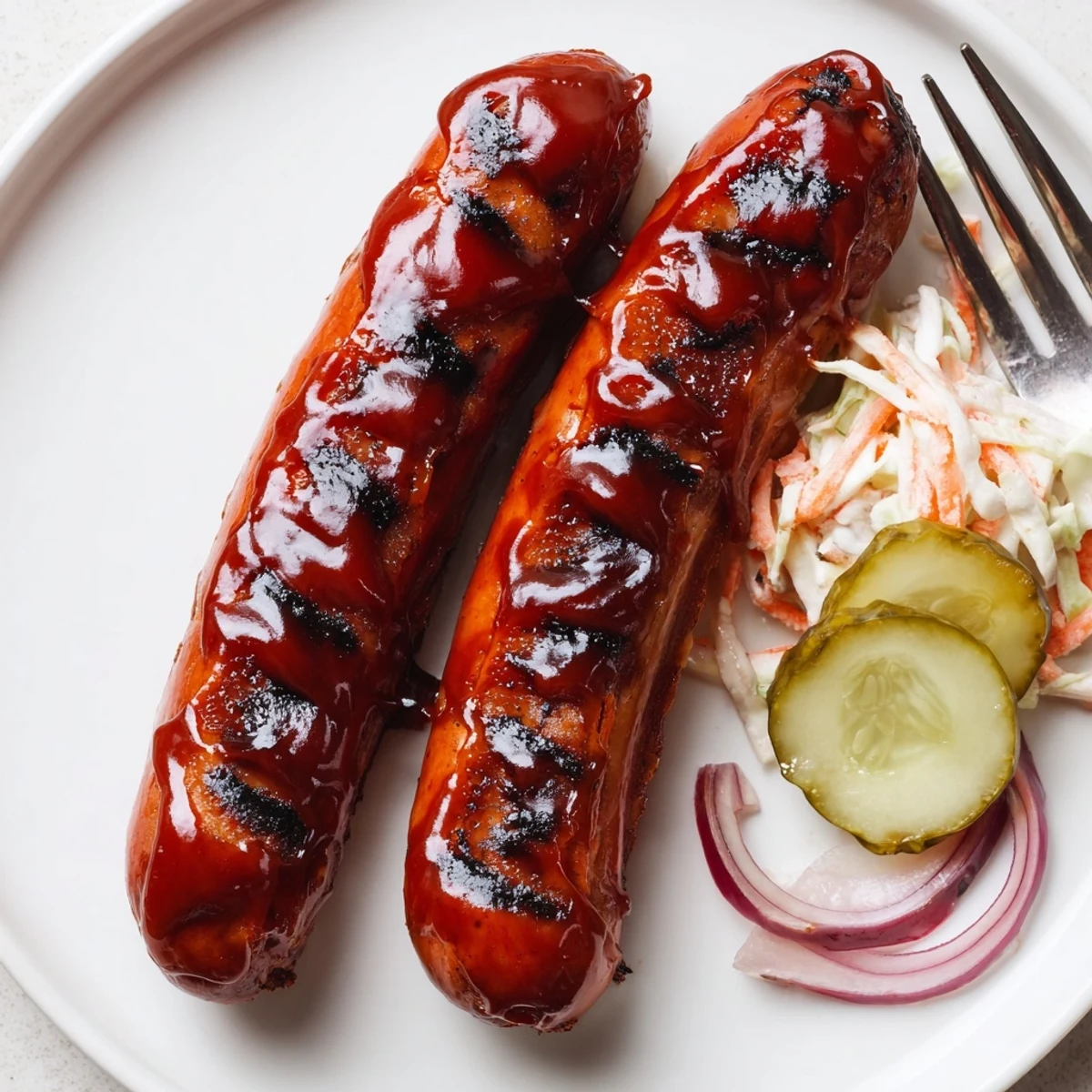 BBQ Sausage Recipe sizzling on grill, glossy sauce caramelized, ready to serve