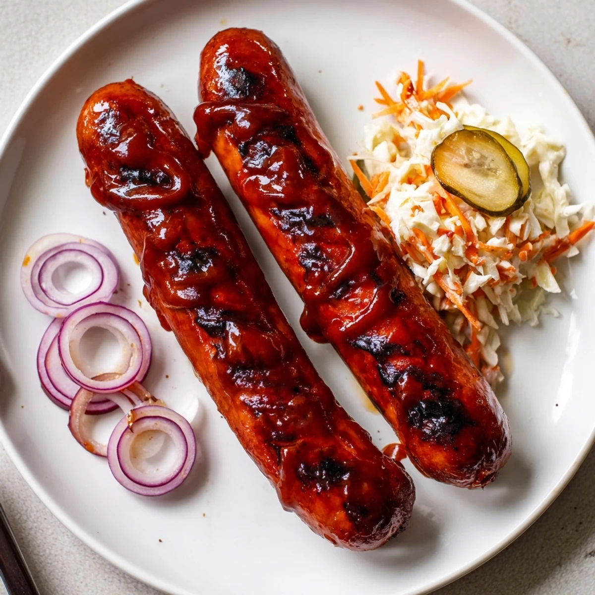 Smoky casings glisten as BBQ Sausage Recipe is brushed, served with baked beans