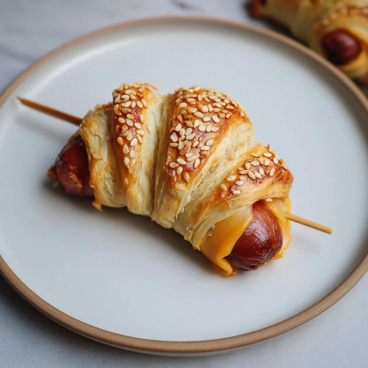 Golden, butter-brushed Firecracker Hot Dogs Recipe on skewers, ready for dipping