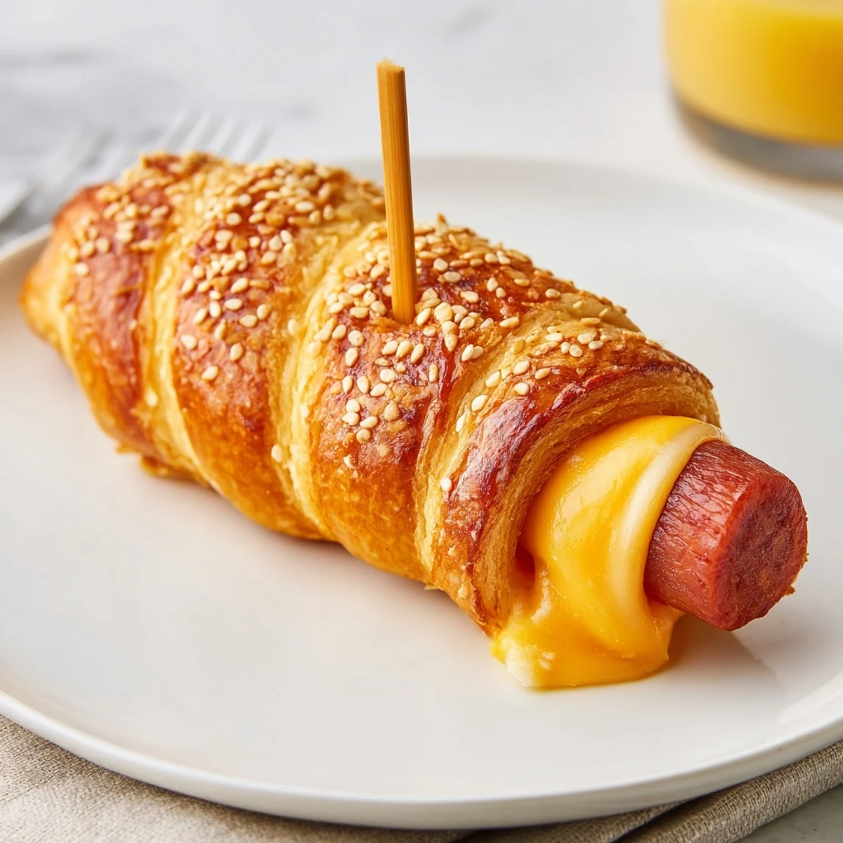 Warm spiral-wrapped Firecracker Hot Dogs Recipe, sesame-speckled, served with ketchup