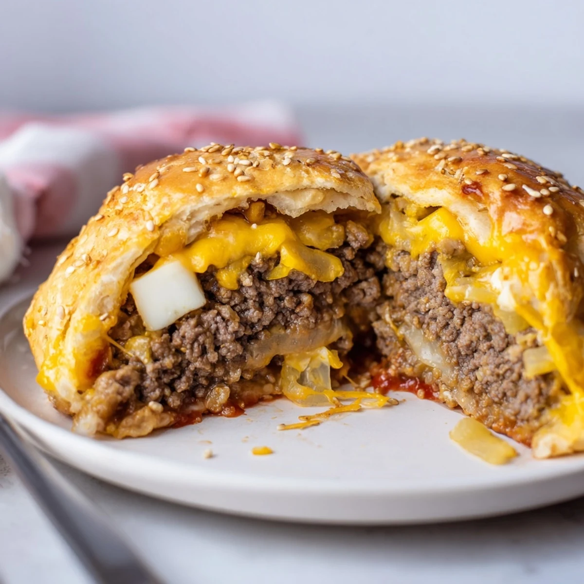 Golden baked Cheesy Cheeseburger Bombs Explosion Recipe oozing melted cheddar, topped with sesame seeds