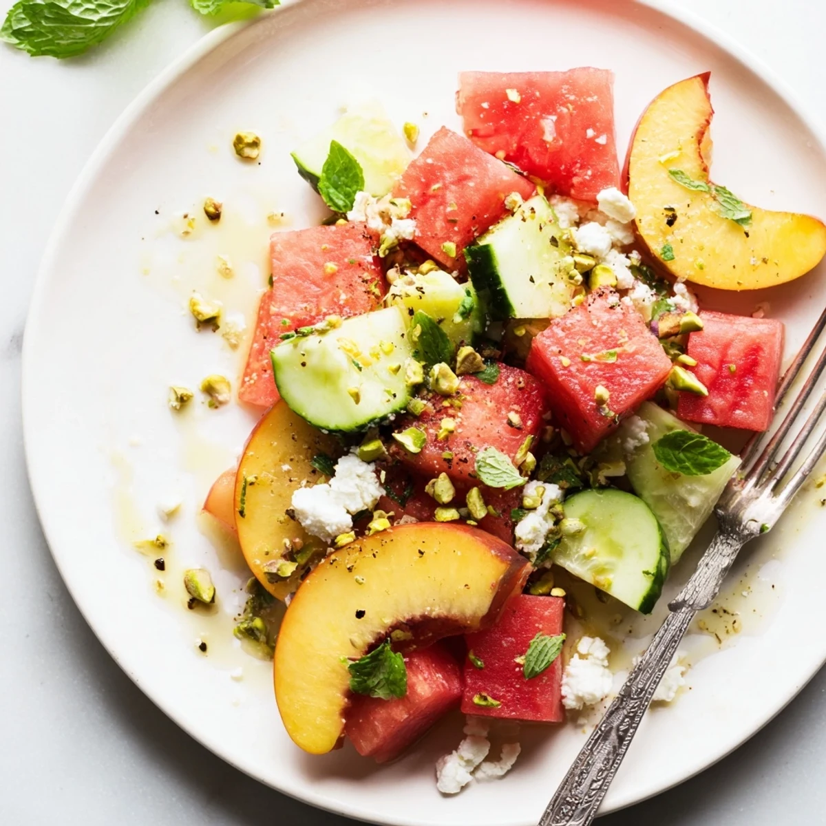 Summer Peach Watermelon Salad with torn mint, crumbled feta, honey-lime glaze  