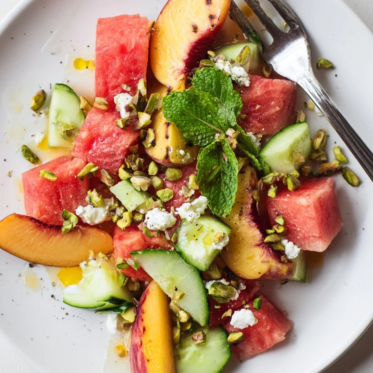 Zesty Summer Peach Watermelon Salad topped with toasted pistachios, fresh basil
