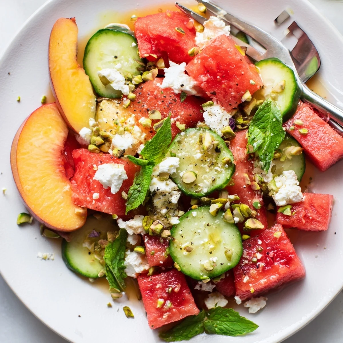 Bright bowls of Summer Peach Watermelon Salad chilled for backyard summer picnics  
