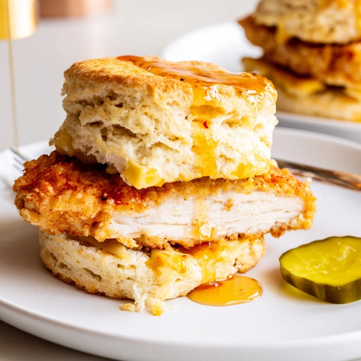 Hot Honey Chicken Biscuits with crispy fried chicken and sticky honey drizzle