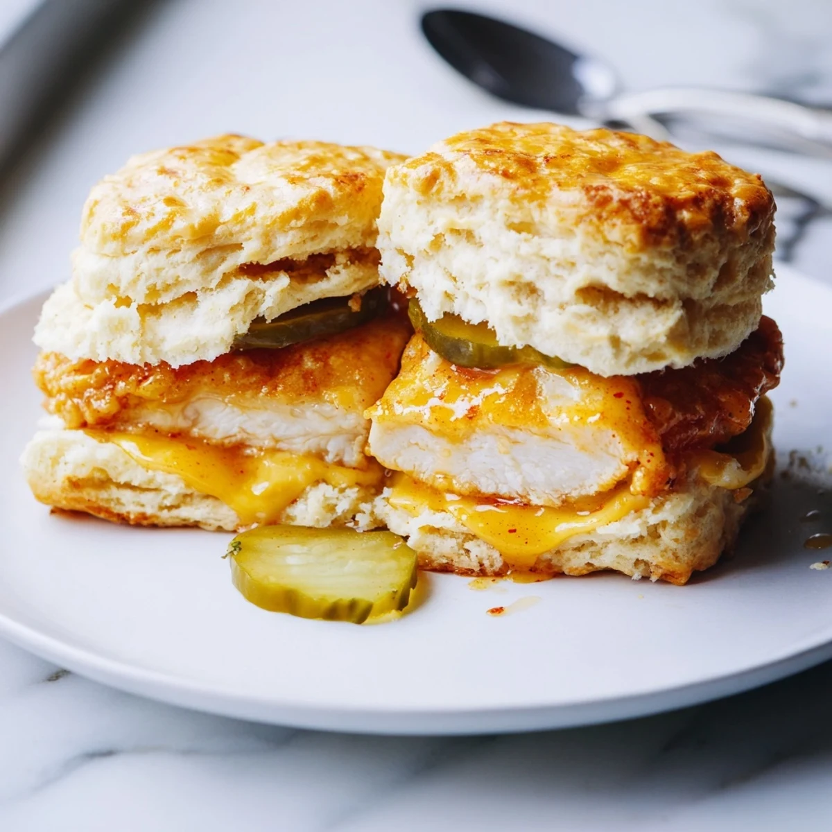Plate of Hot Honey Chicken Biscuits topped with pickles and melted butter
