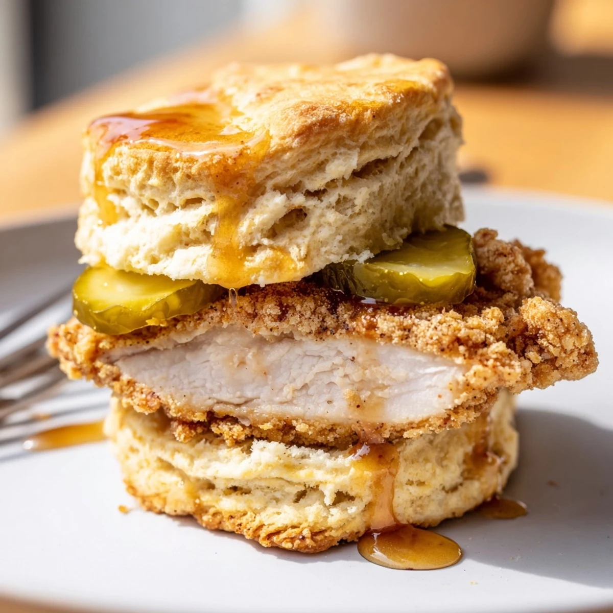 Warm Hot Honey Chicken Biscuits split open to reveal flaky buttermilk biscuit