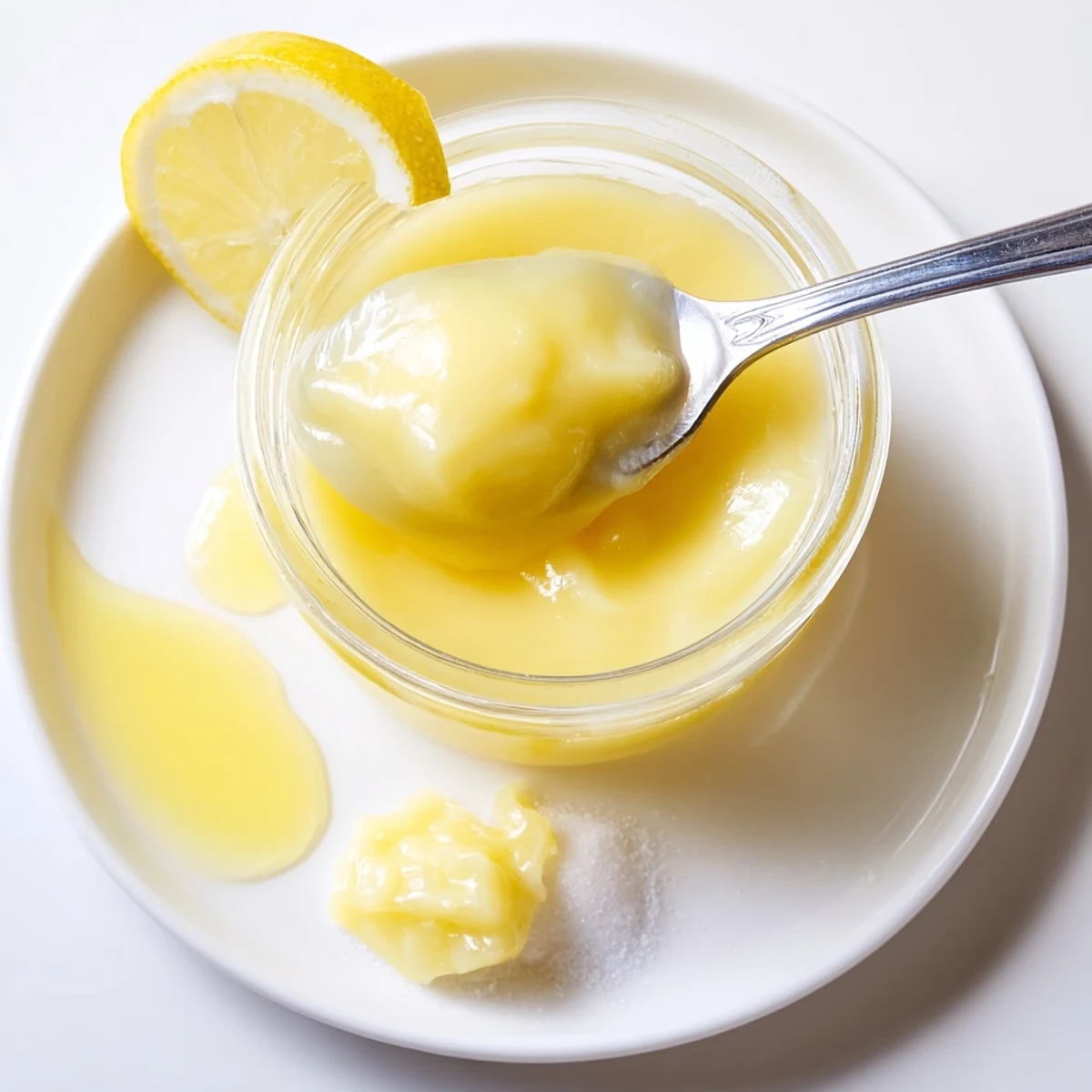 Glass jar of glossy spread from my Lemon Curd Recipe, spoon rests