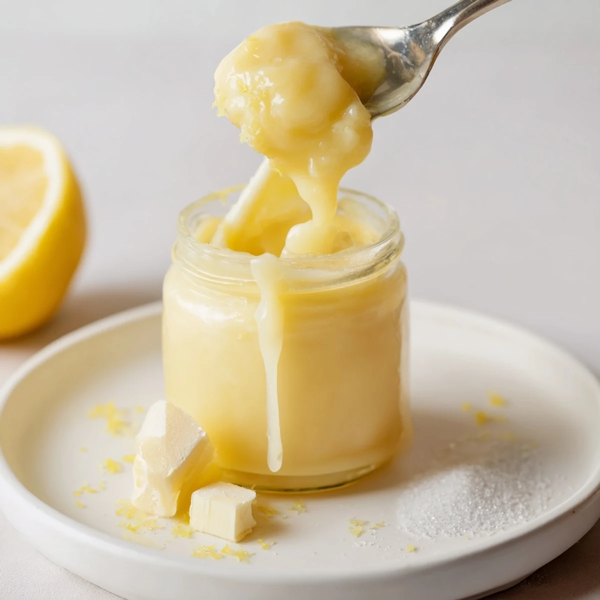 Cooling Lemon Curd Recipe in sterilized jar beside whisk and lemons