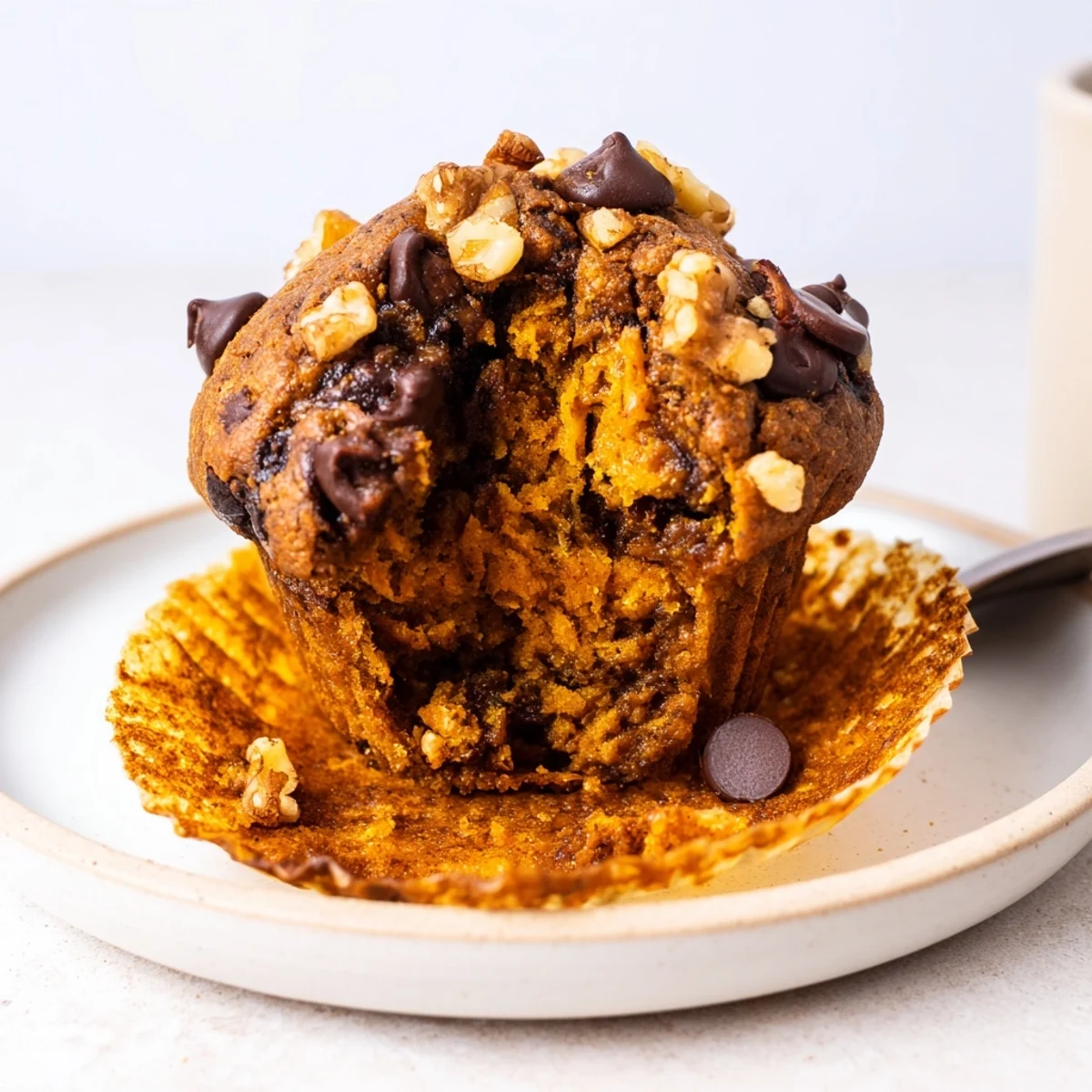 Cozy fall breakfast: Pumpkin Banana Muffins Recipe with cinnamon-sugar sprinkle.