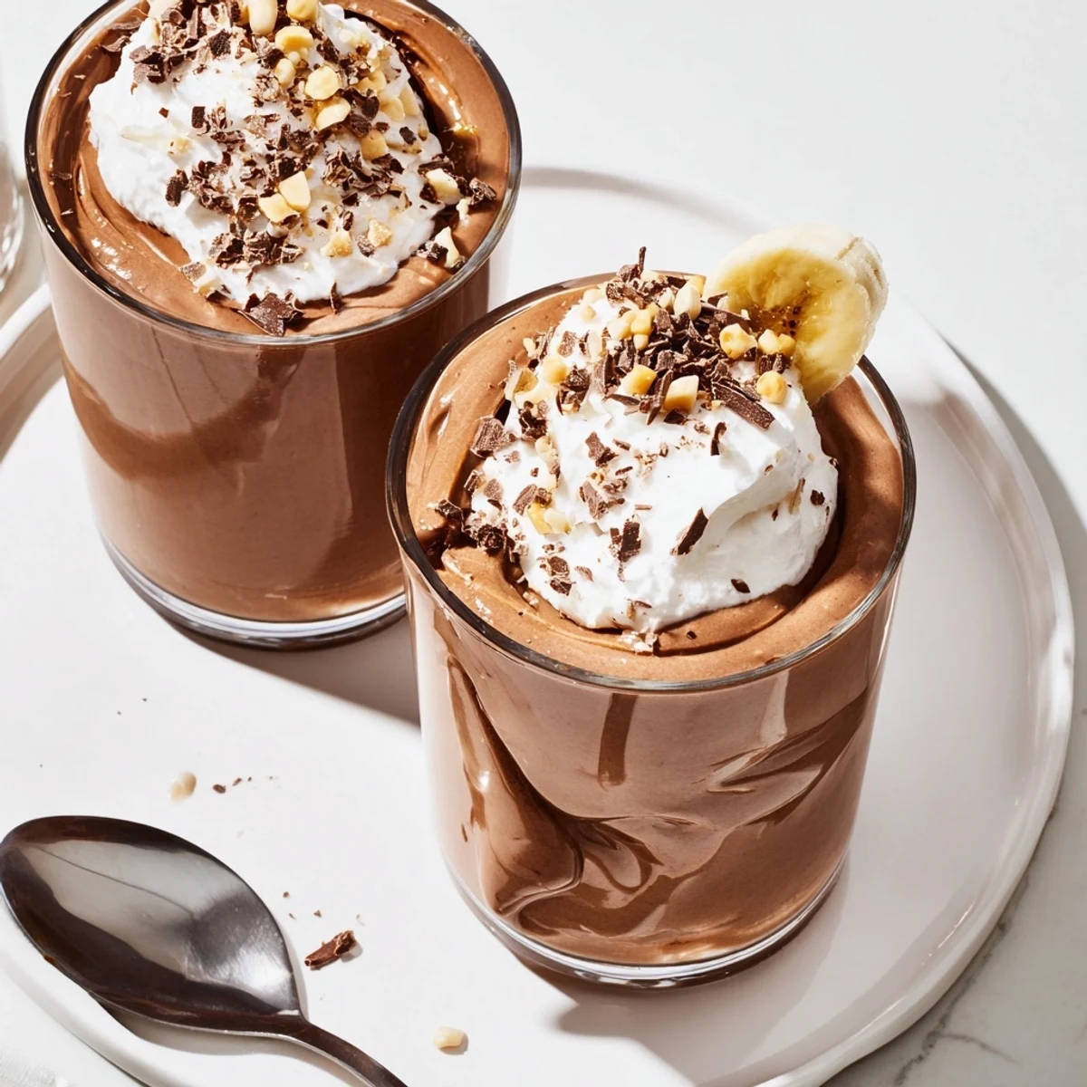 Creamy Chocolate Peanut Butter Smoothie in tall glass with whipped cream swirl