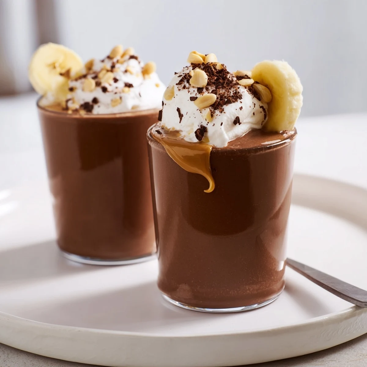 Icy, frothy Chocolate Peanut Butter Smoothie poured into two glasses for breakfast