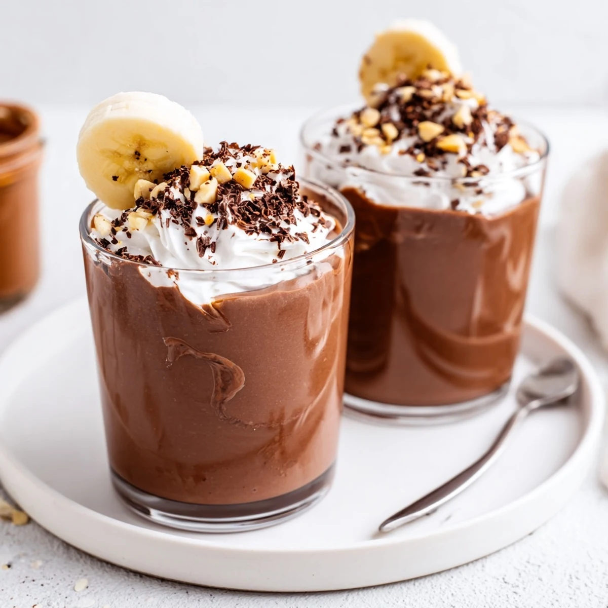 Thick Chocolate Peanut Butter Smoothie topped with chocolate shavings and crushed peanuts