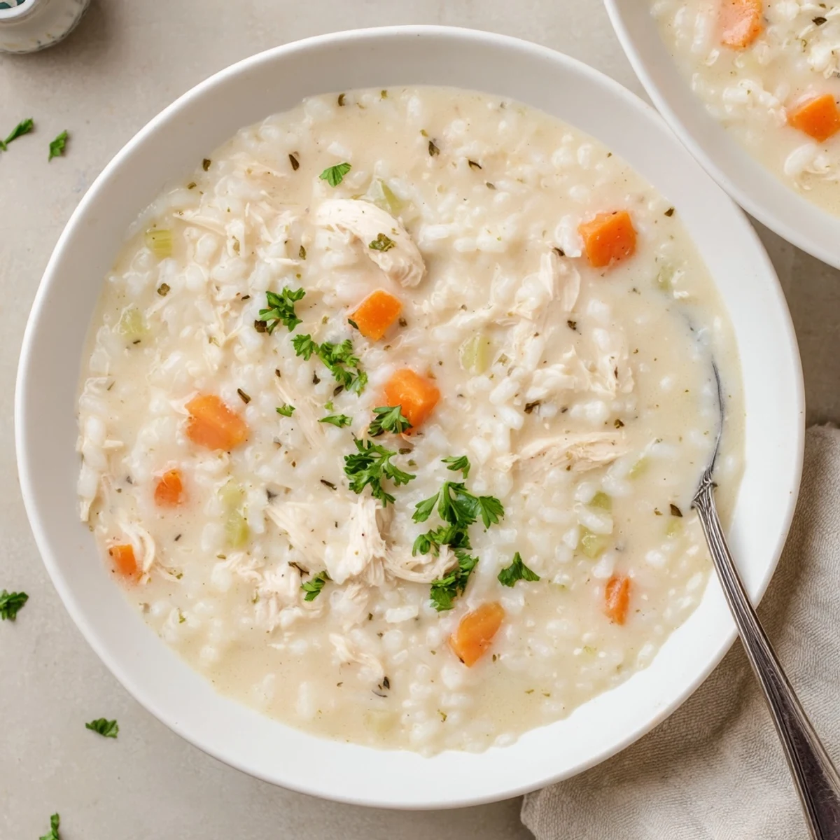 Steaming bowl of Creamy Chicken Rice Soup with tender chicken and carrots  