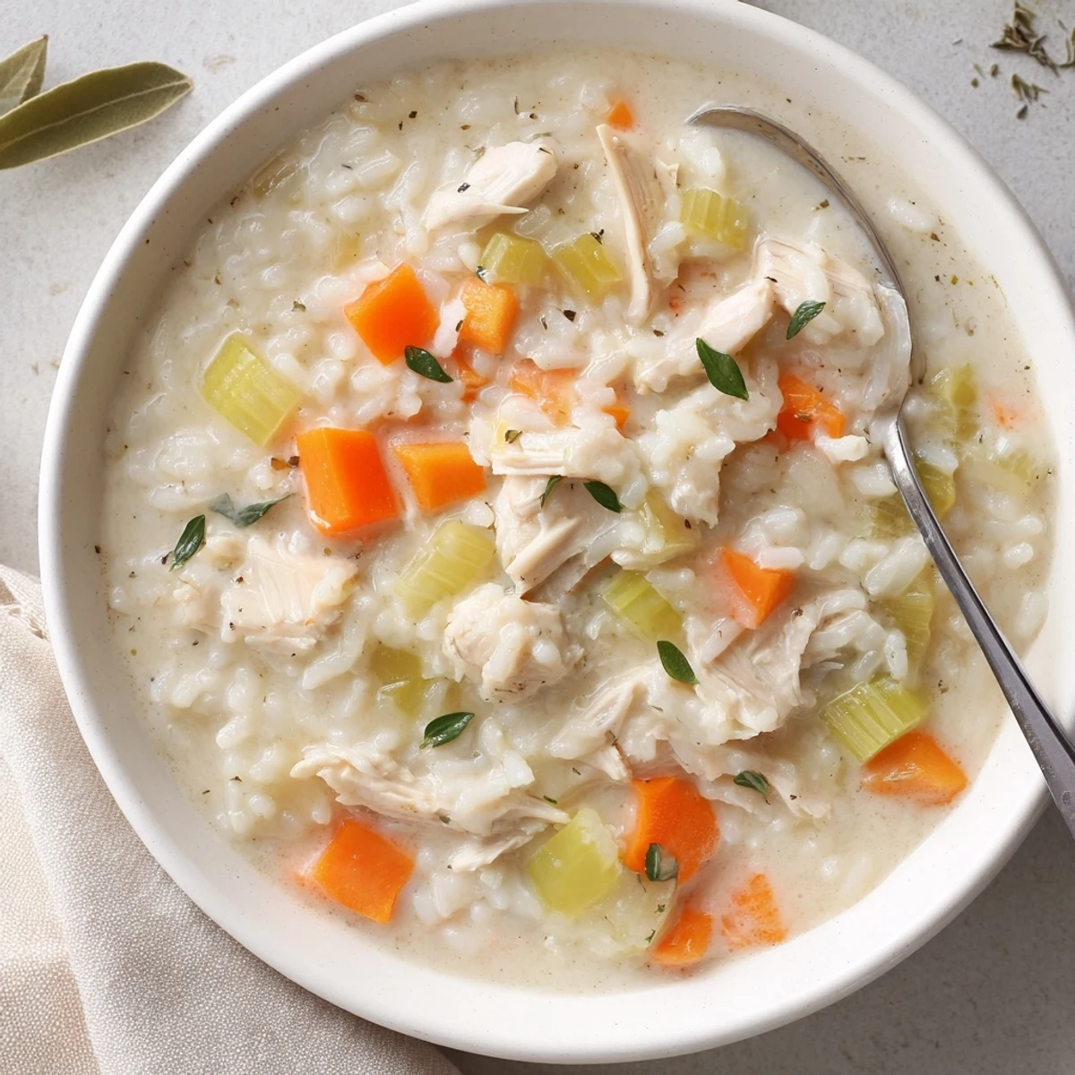 Creamy Chicken Rice Soup ladled over crusty bread, garnished with fresh parsley  