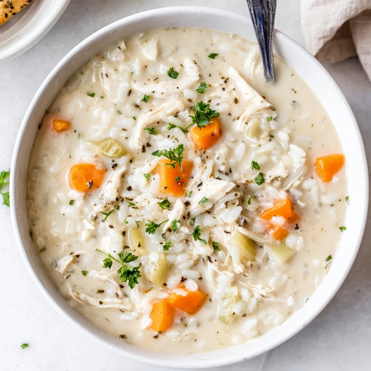 Hearty Creamy Chicken Rice Soup in a white bowl, spoon ready
