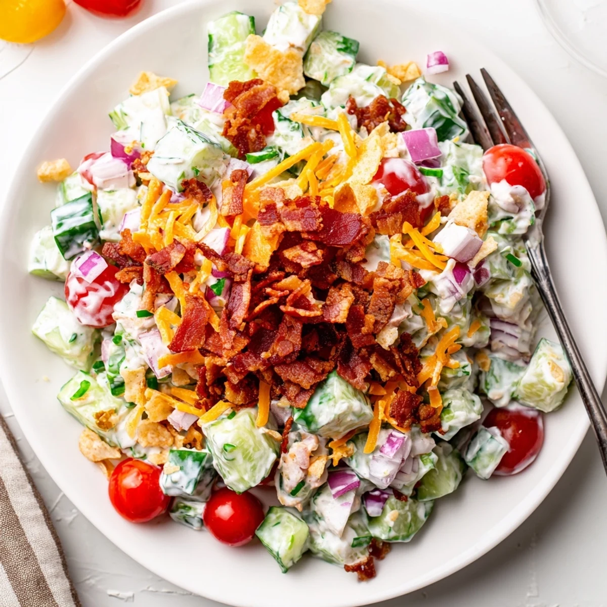 Cucumber Ranch Crack Salad piled high with crispy bacon and cheddar