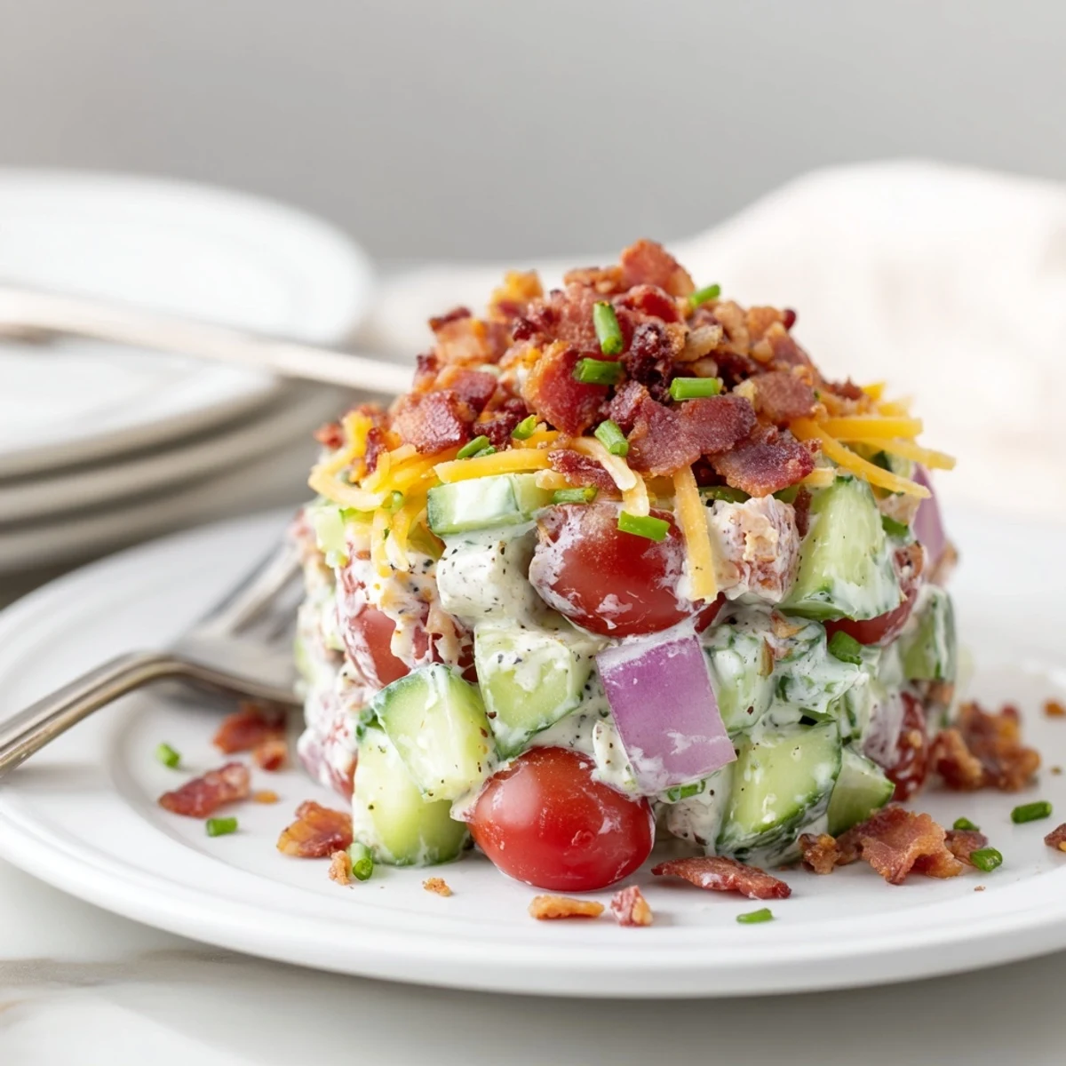 Bright Cucumber Ranch Crack Salad tossed in creamy ranch, crunchy chip topping