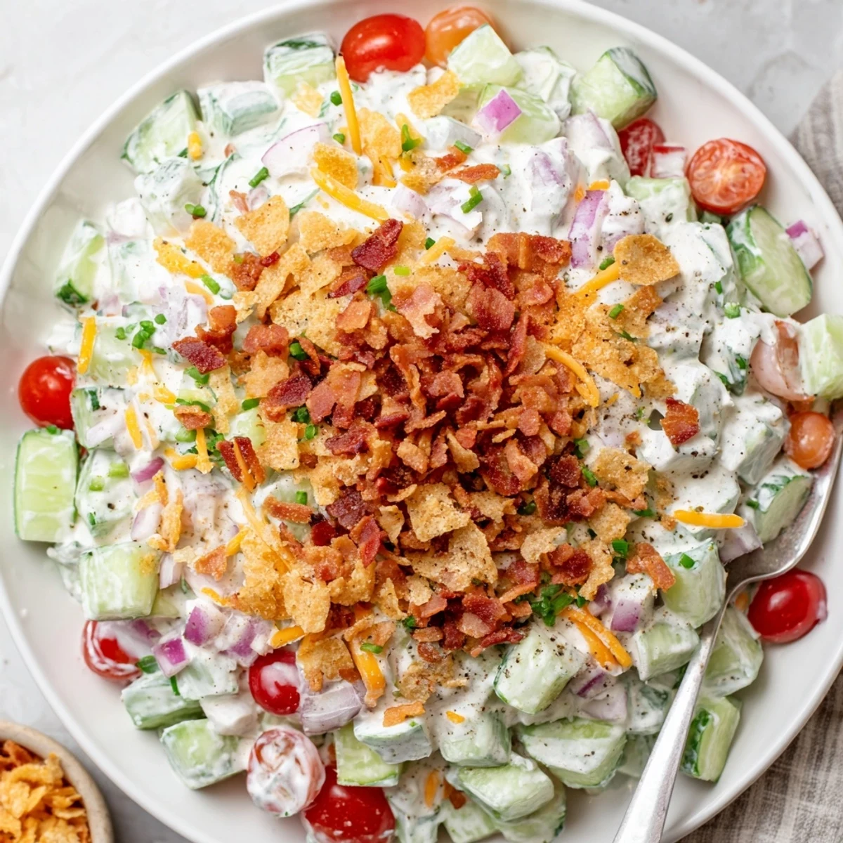 Cold Cucumber Ranch Crack Salad with tangy dressing, chives, picnic-ready side