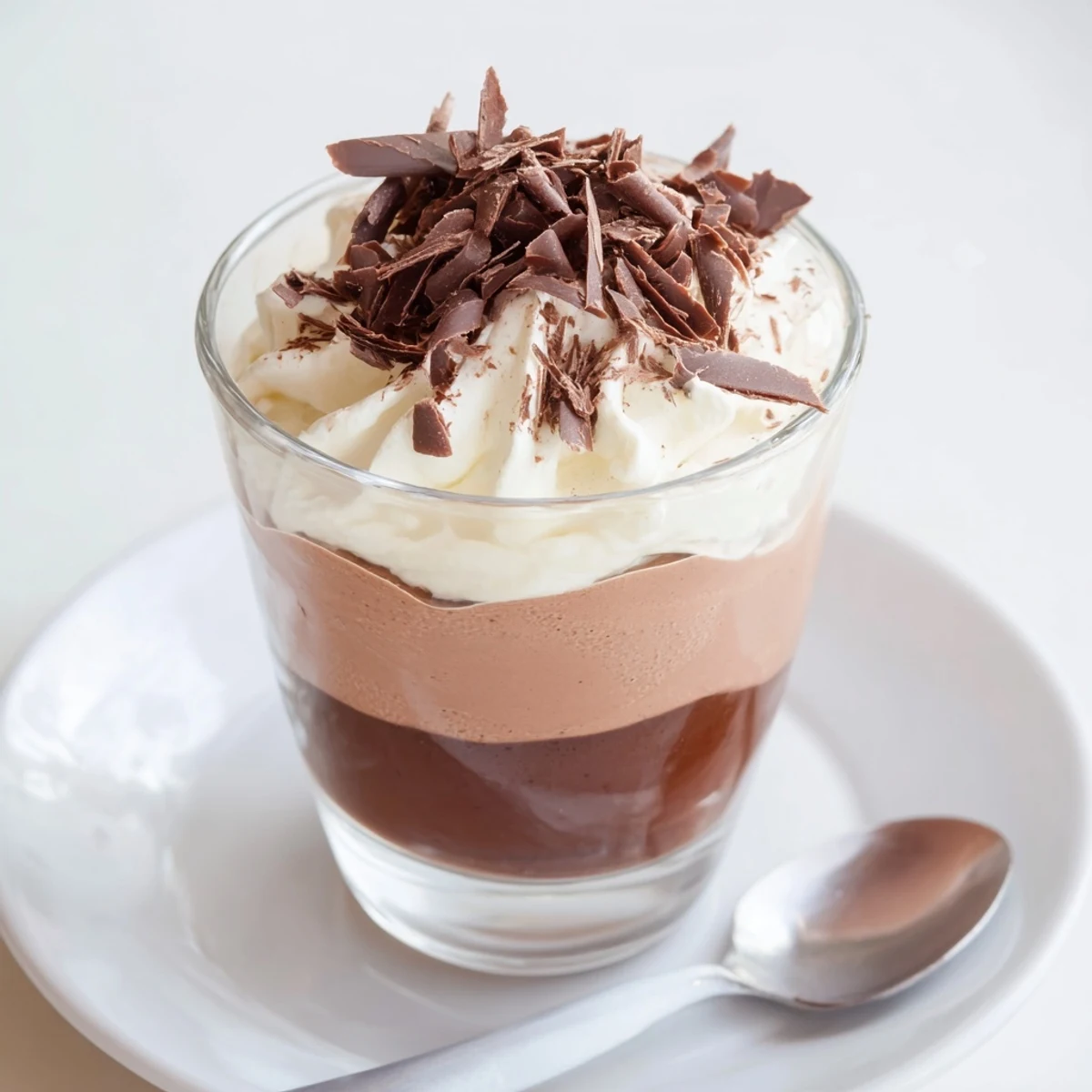 Chilled Triple Chocolate Mousse Cups topped with shaved chocolate, creamy chocolate aroma
