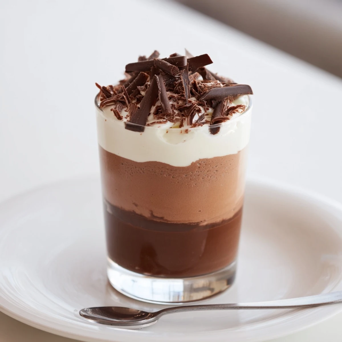 Individual Triple Chocolate Mousse Cups, spoon-ready, serve chilled with espresso