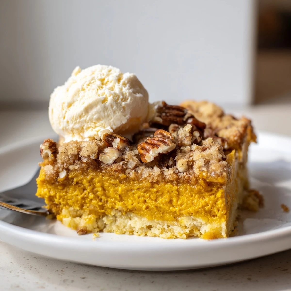 Warm Pumpkin Dump Cake with golden top, spiced pumpkin filling, pecan crunch